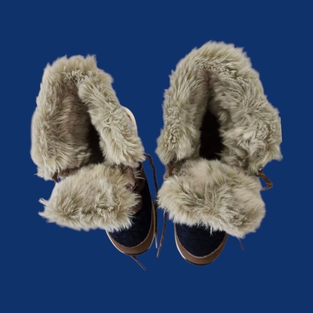 Ladies 7 Bearpaw Marina Snow Boots Waterproof Quilted Navy BRN Leather Faux Fur - Picture 8 of 13